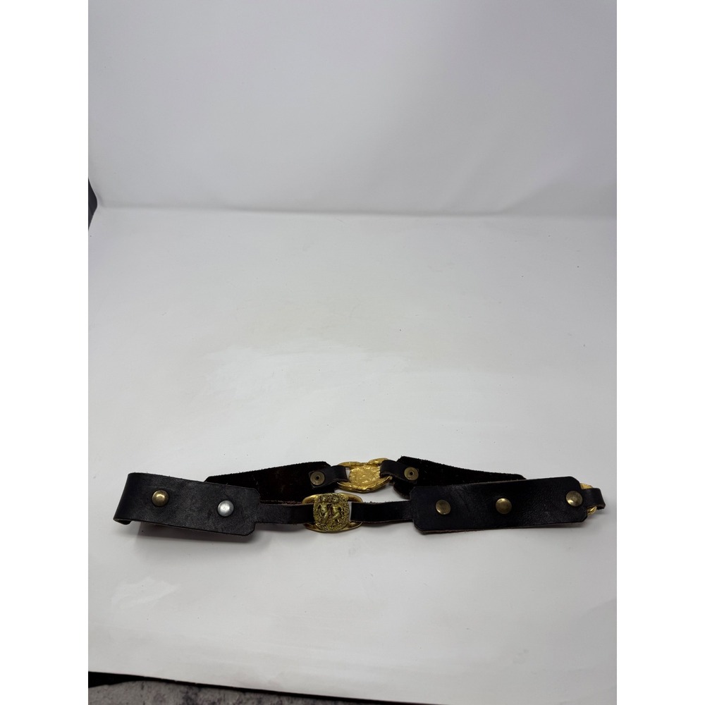 Vintage Dark Brown Leather Cherub Belt Gold Tone Angel Medallion Baroque 32.5in